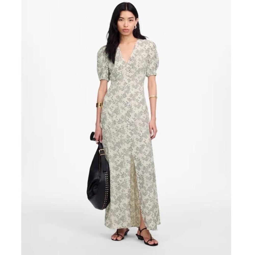 NWT Madewell Puff-Sleeve V-Neck Midi Dress Black White Floral Size 8